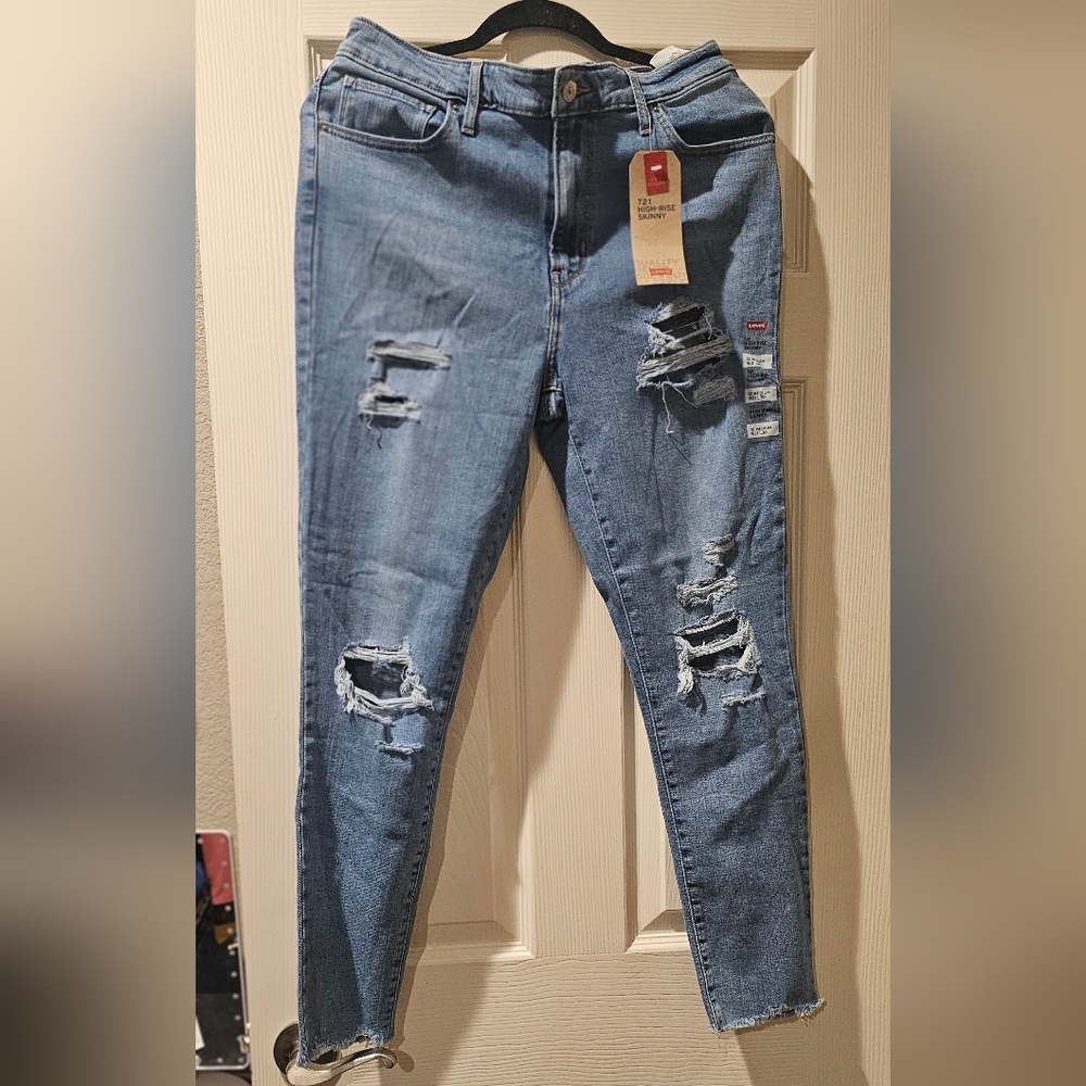 Levi's Blue Straight Leg Jeans with Distressed Details